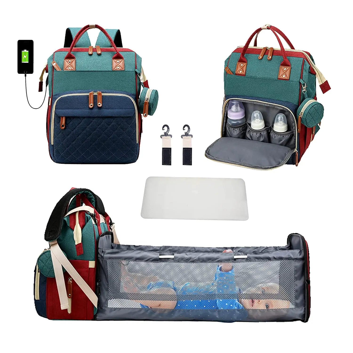 תיק החתלה 3 ב-1 — תיק גב + מיטה מתקפלת + טעינת USB 🎒