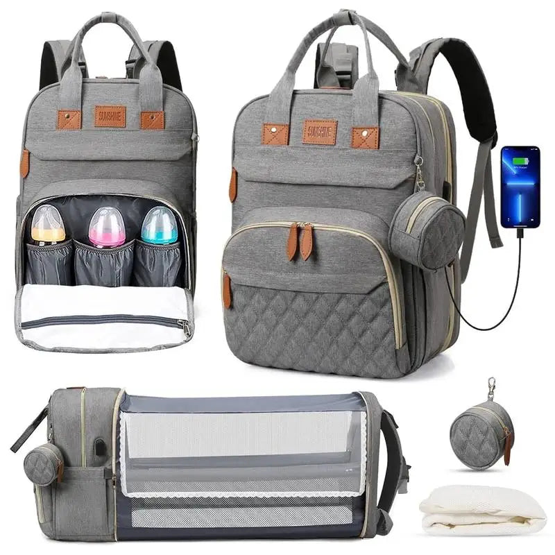 תיק החתלה 3 ב-1 — תיק גב + מיטה מתקפלת + טעינת USB 🎒