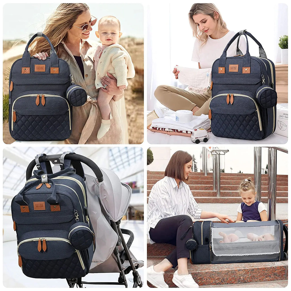 תיק החתלה 3 ב-1 — תיק גב + מיטה מתקפלת + טעינת USB 🎒